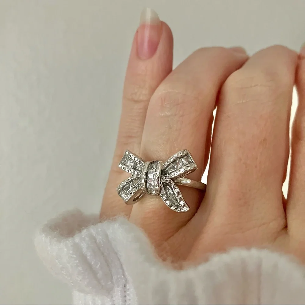 Silver Rhinestone Bow Glam Ring Girlhoodcore Coquette Femme Platinum Sparkly - Picture 12 of 12